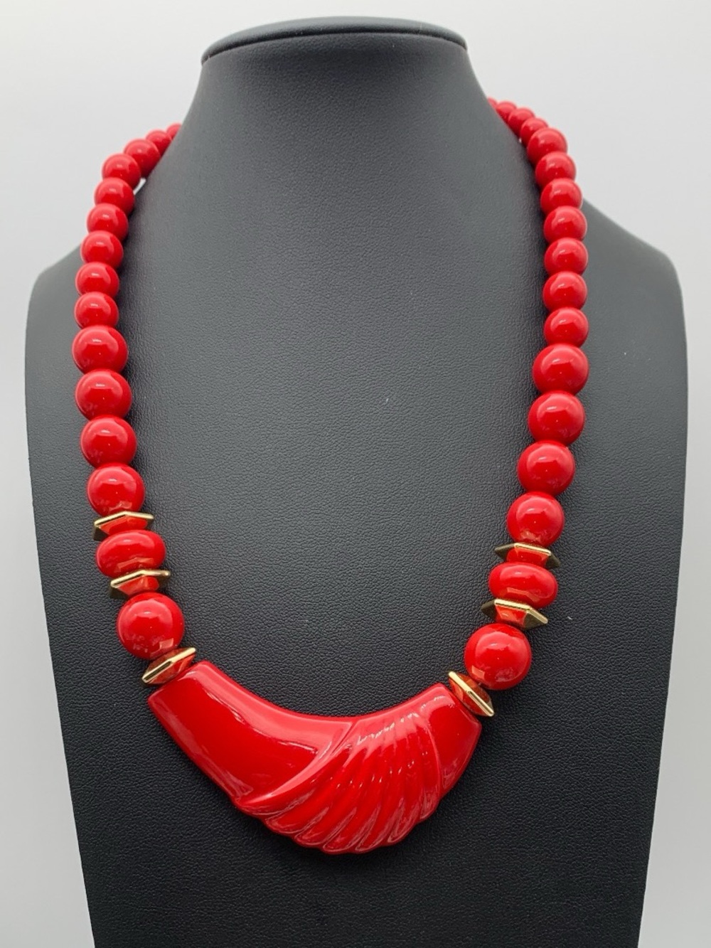 Vintage 80’s Red Beaded Statement Necklace - Bold Red Women Jewelry 16”